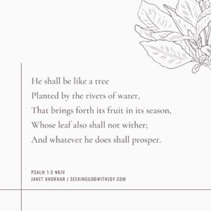 Line drawing of a few leaves with a quote that says, "He shall be like a tree Planted by the rivers of water, That brings forth its fruit in its season, Whose leaf also shall not wither; And whatever he does shall prosper." Psalm 1:3 NKJV